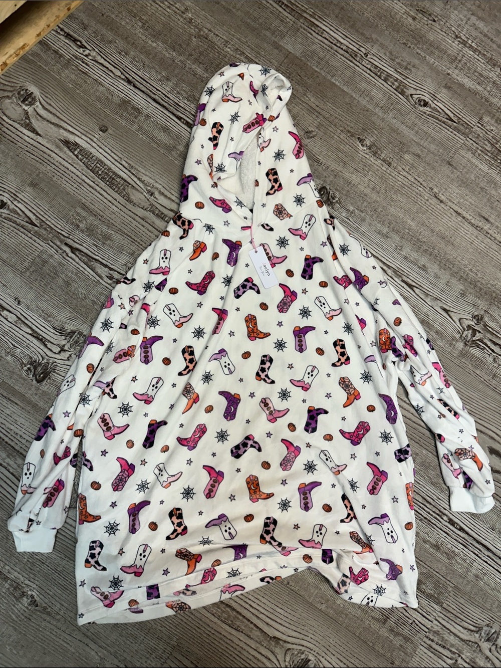 Women’/ White Sversized Hooded Pajama Top with Pink & Purple Boot Print